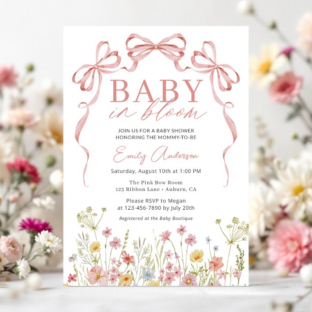 Wildflower Baby in Bloom Pink Bow Girl Shower Invitation (Creator Uploaded)