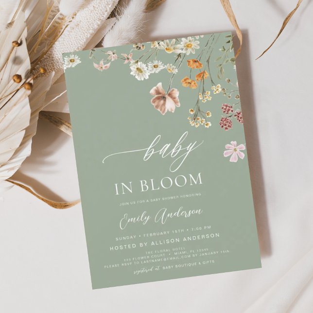 Wildflower Baby in Bloom Sage Green Shower  Invitation (Creator Uploaded)