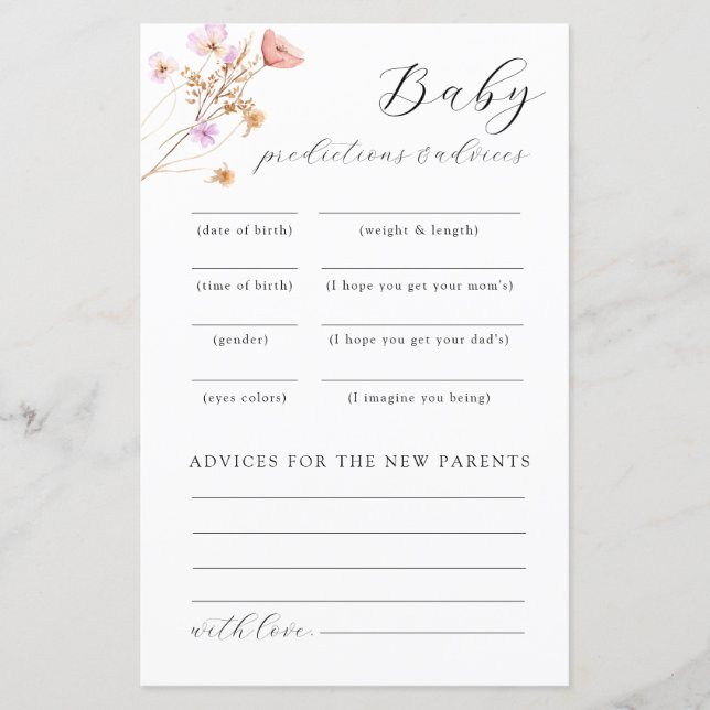 Wildflower Baby Shower Advice Game (Front)