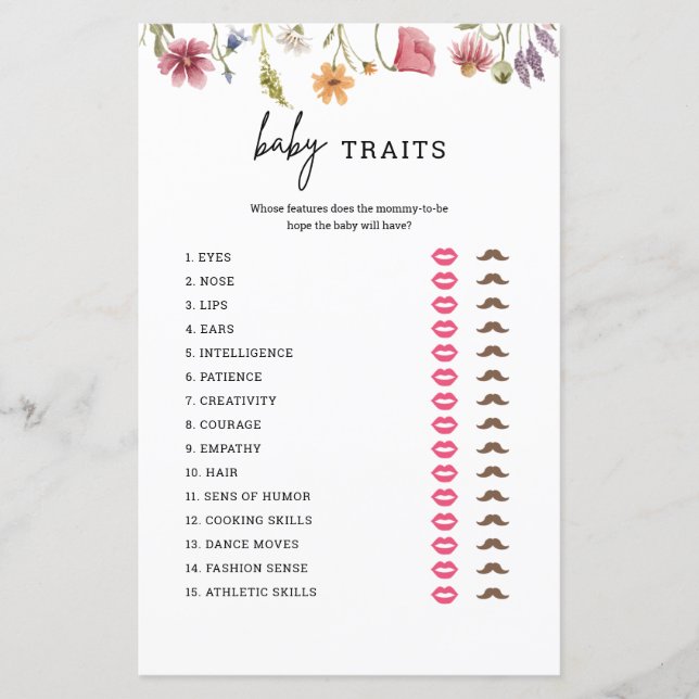 Wildflower Baby Shower Baby Traits Game Cards (Front)
