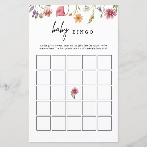 Wildflower Baby Shower Floral Baby Bingo Game Card