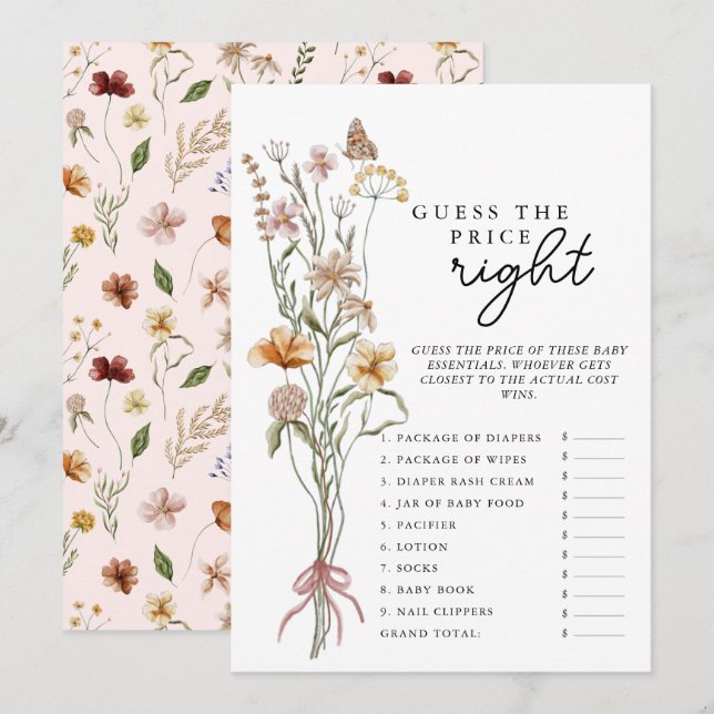 Wildflower Baby Shower Game Guess The Price Card (Front/Back)