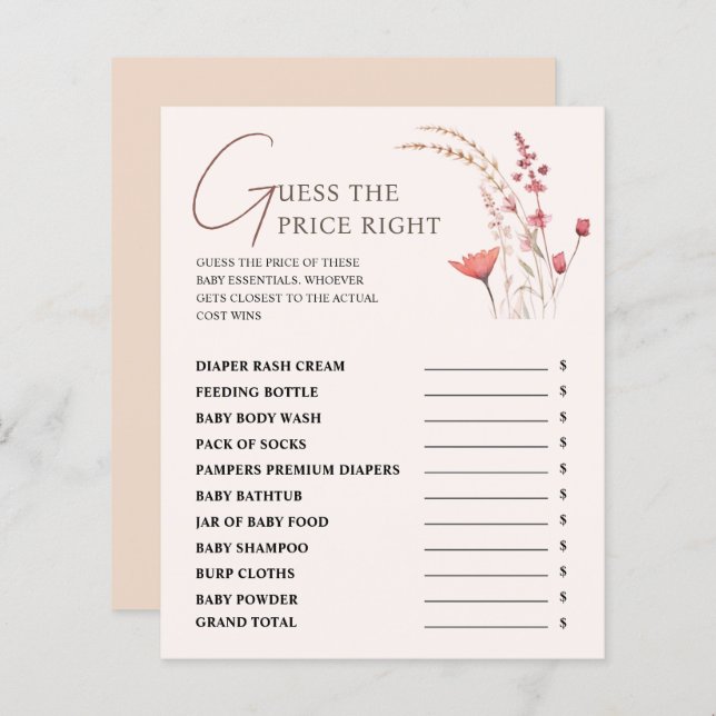 Wildflower Baby Shower Guess The Price Right Game (Front/Back)