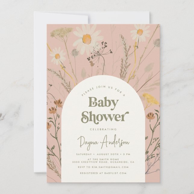 Wildflower Baby Shower Invitation in Dusty Pink (Front)
