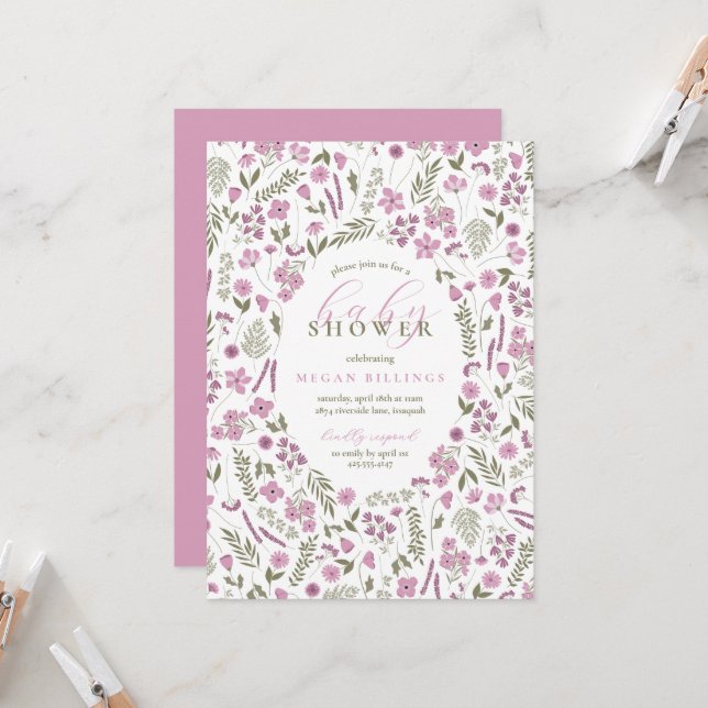 wildflower baby shower invitation - purple (Front/Back In Situ)