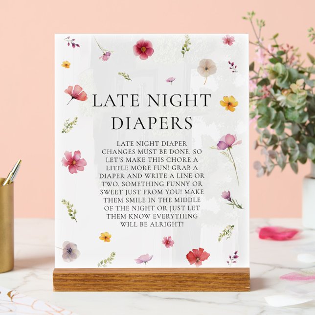 Wildflower Baby Shower Late Night Diapers Game Acrylic Sign (Creator Uploaded)