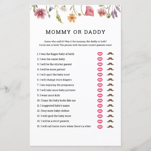 Wildflower Baby Shower Mommy or Daddy Game 