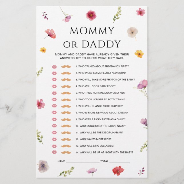 Wildflower Baby Shower Mommy or Daddy Game (Front)