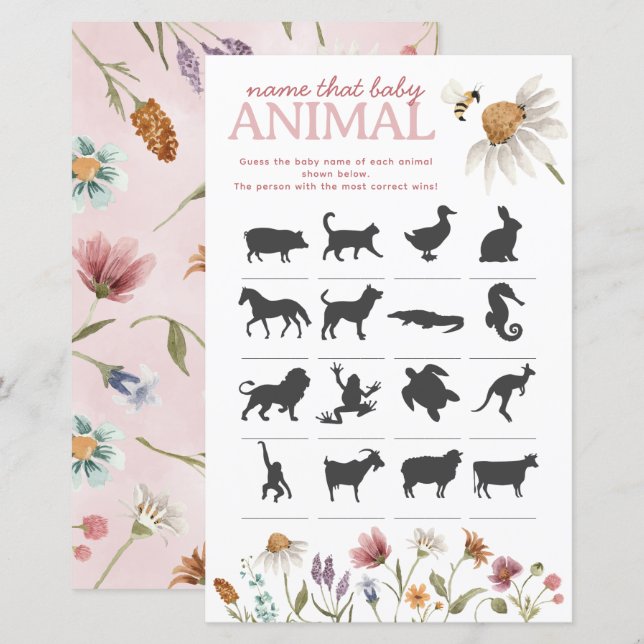 Wildflower Baby Shower Name the Baby Animal Game (Front/Back)