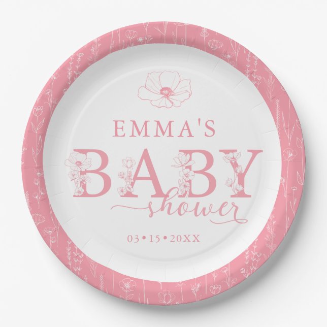 Wildflower Baby Shower | Pink Floral Pattern Paper Plates (Front)