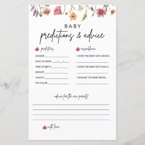 Wildflower Baby Shower Prediction and Advice Cards