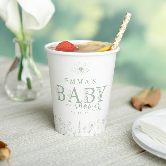 Wildflower Baby Shower | Sage Green Floral  Paper Cups (Insitu)