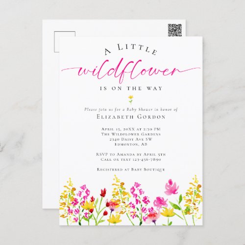 Wildflower Baby Shower Watercolor Floral Pink Cute Postcard