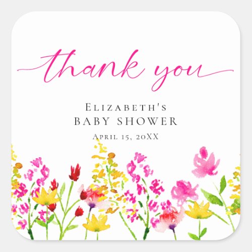 Wildflower Baby Shower Watercolor Pink Thank you Square Sticker