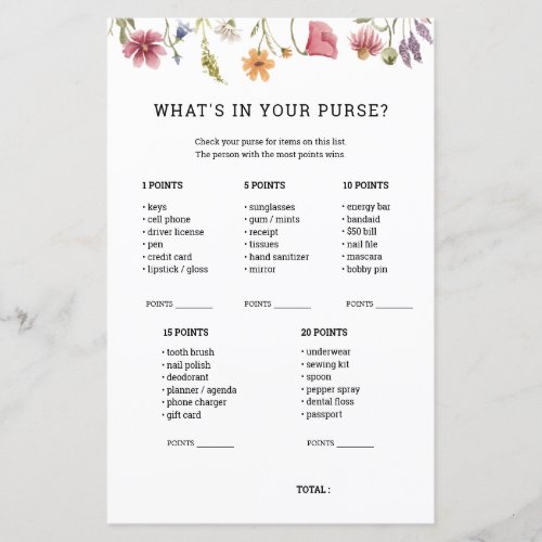 Wildflower Baby Shower What's In Your Purse Game