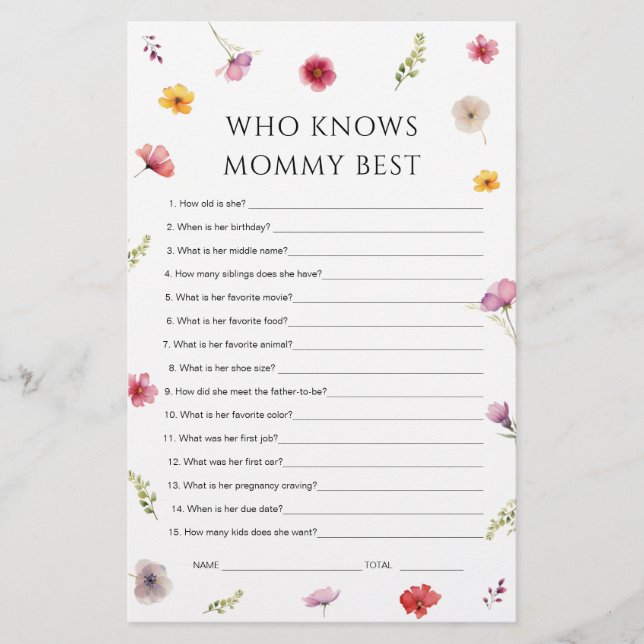 Wildflower Baby Shower Who Knows Mommy Best Game (Front)