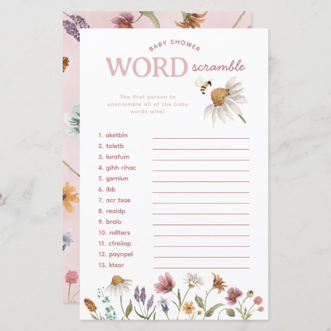 Wildflower Baby Shower Word Scramble Game (Front/Back)