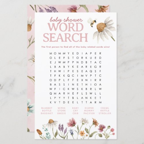 Wildflower Baby Shower Word Search Game Sheet