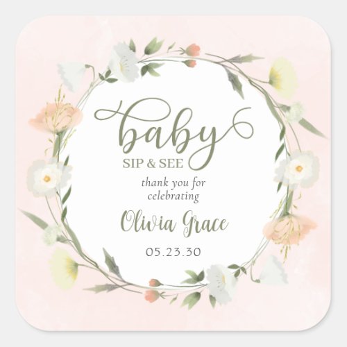 Wildflower Baby Sip And See Thank You Square Sticker