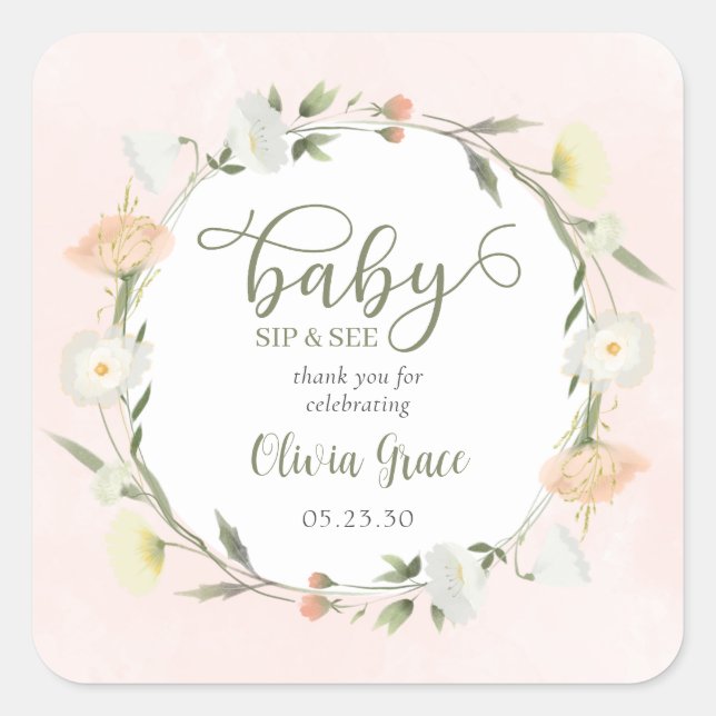 Wildflower Baby Sip And See Thank You Square Sticker (Front)