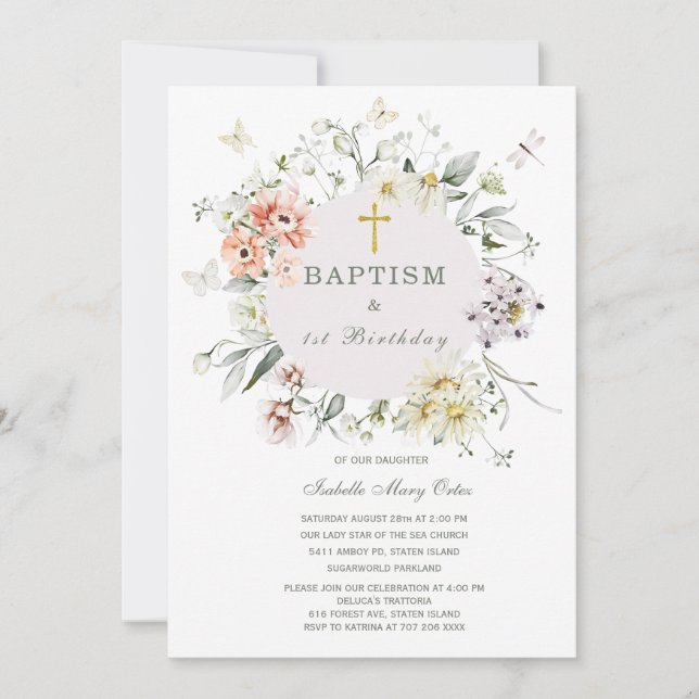 Wildflower Baptism and First Birthday Invitation (Front)