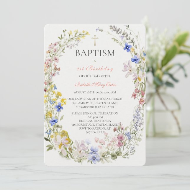 Wildflower Baptism Boho Girl  Invitation (Standing Front)