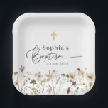 Wildflower Baptism Paper Plates<br><div class="desc">Celebrate your Baptism with this modern design, featuring a gold foil effect cross, the word 'Baptism' in a calligraphy style font with watercolour wildflowers along the bottom. Please note that you cannot change the 'Baptism' word but you can edit all of the other text in this design. You can change...</div>