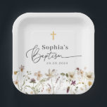 Wildflower Baptism Paper Plates<br><div class="desc">Celebrate your Baptism with this modern design, featuring a gold foil effect cross, the word 'Baptism' in a calligraphy style font with watercolour wildflowers along the bottom. Please note that you cannot change the 'Baptism' word but you can edit all of the other text in this design. You can change...</div>