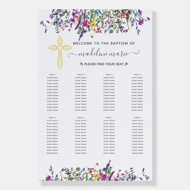 Wildflower Baptism Table Seating Chart Foam Board (Front)