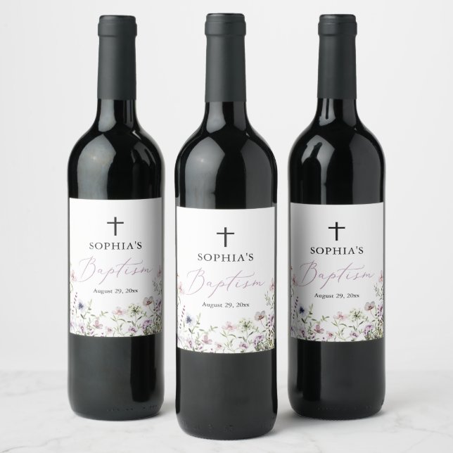 Wildflower Baptism Wine Bottle Labels (Bottles)