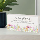 Wildflower Beautiful Family with Names Wooden Box Sign<br><div class="desc">Pretty wildflower wooden box sign personalized with your custom text, such as "my beautiful family" and the first names of your kids, in-laws and/or grandchildren. The design features watercolor delicate wild flowers in pink orange and yellow. It is lettered with casual modern script and whimsical typography. Feel free to change...</div>