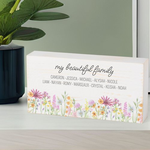 Wildflower Beautiful Family with Names Wooden Box Sign