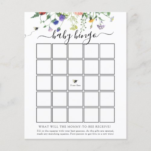 Wildflower Bee Baby Bingo Game Card