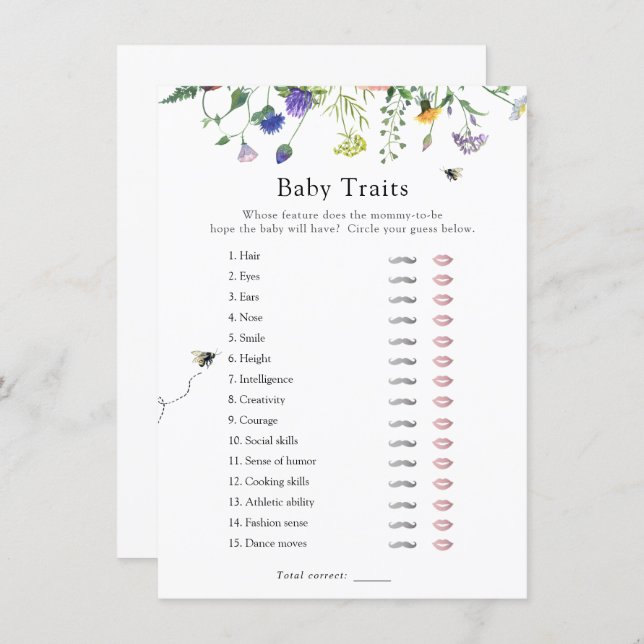 Wildflower Bee Baby Traits Shower Game Card (Front/Back)
