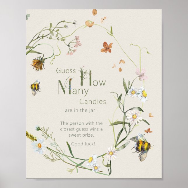 Wildflower Bee Beige Baby Shower How Many Candies  Poster (Front)