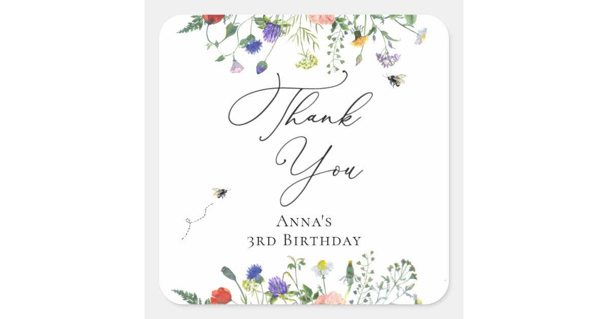 Wildflower Bee Birthday Square Sticker | Zazzle