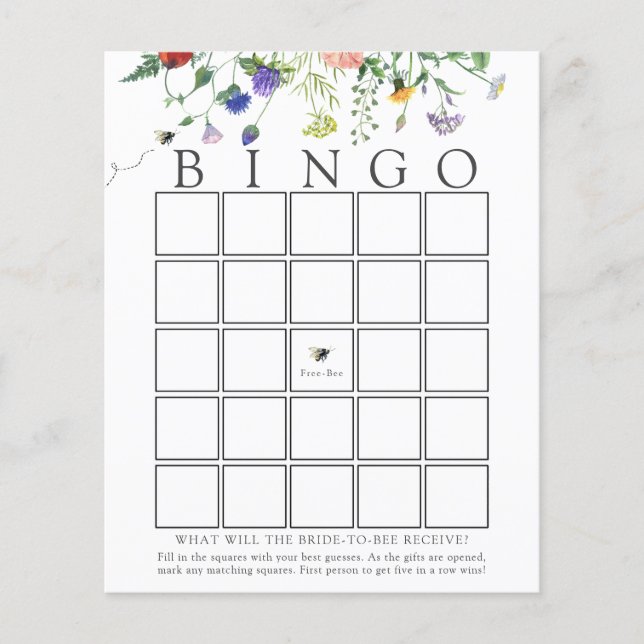 Wildflower Bee Bridal Bingo Game Card (Front)