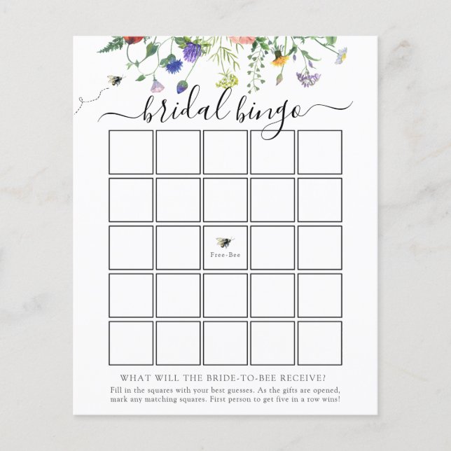 Wildflower Bee Bridal Bingo Game Card (Front)