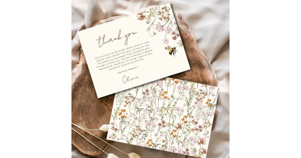 Wildflower Bee Bridal Shower Thank You Card Zazzle