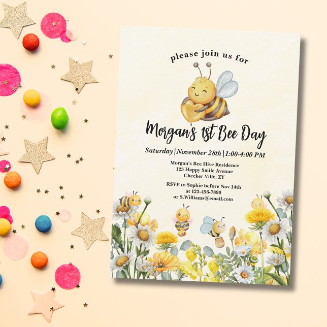 Wildflower Bee One 1st First Bee Day Birthday Invitation (Creator Uploaded)