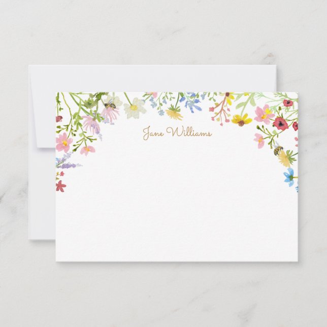 Wildflower Bee Script Personalized Note Card (Front)