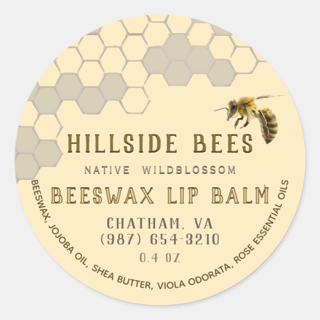 Wildflower Beeswax Lip Balm Label Honeycomb & Bee (Front)