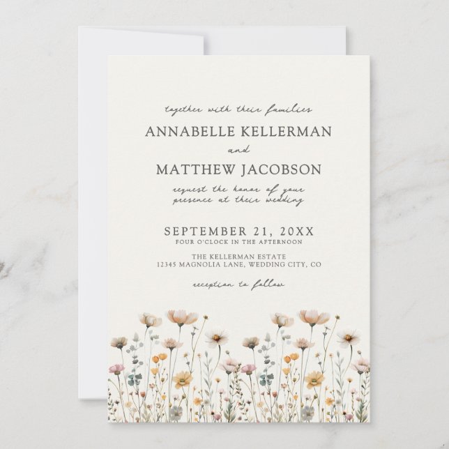 Wildflower Beige Boho Floral Wedding Invitation (Front)