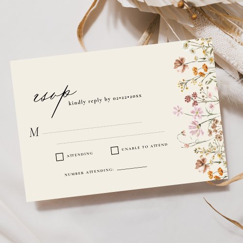 Wildflower Beige Boho Garden Wedding RSVP Invitation