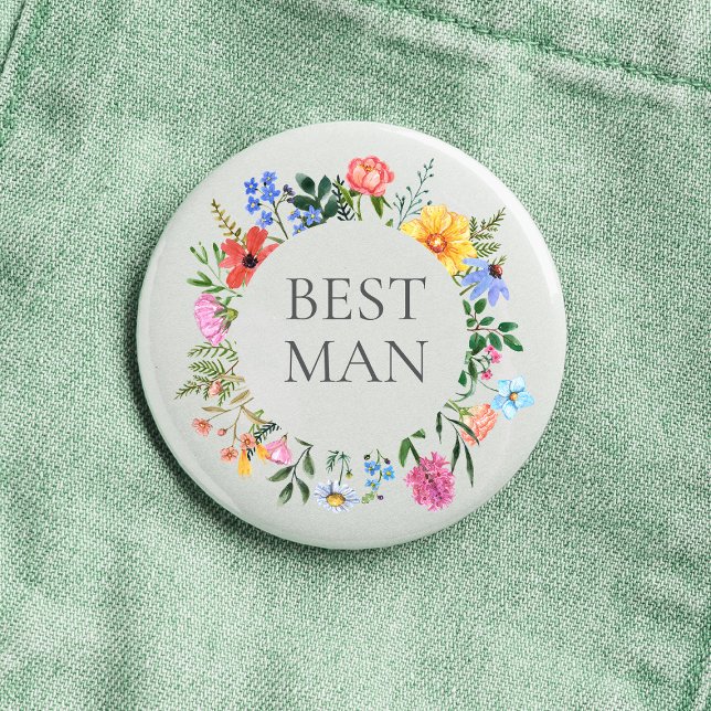 Wildflower Best Man Wedding  Button (Best Man Wildflower Watercolor Floral Wreath Wedding Button
)