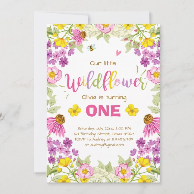 Wildflower birthday invitation Floral Girl pink (Front)