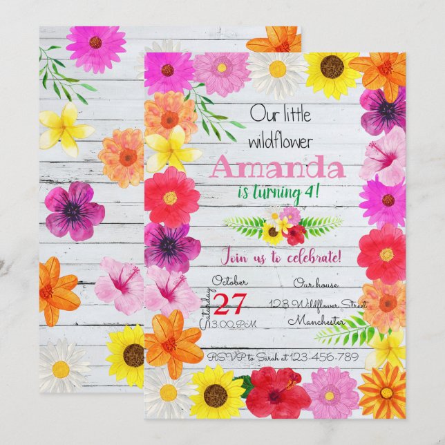 Wildflower Birthday Invitation, Flower Invite (Front/Back)