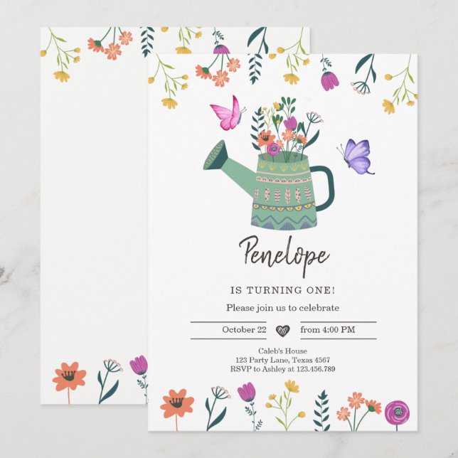 Wildflower birthday invitation Girl Garden Floral (Front/Back)