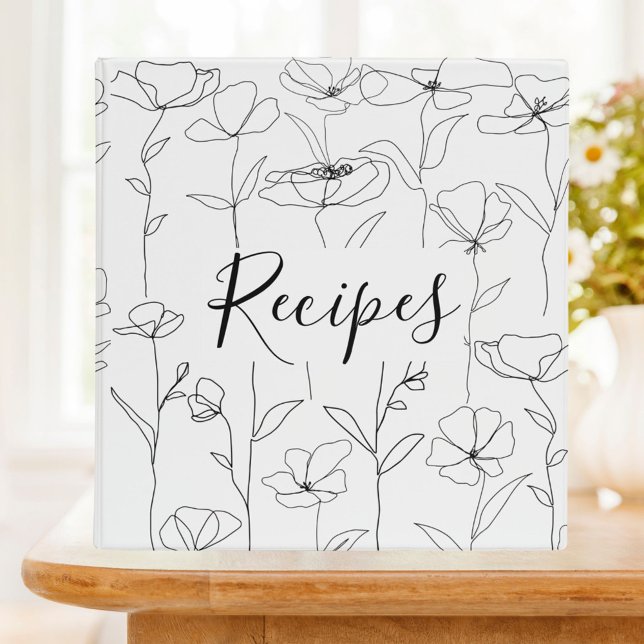 Wildflower Black and White Minimal Floral Recipe 3 Ring Binder (In situ)
