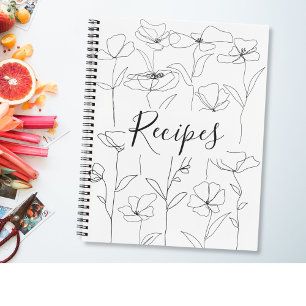 Wildflower Black and White Minimal Floral Recipe Notebook